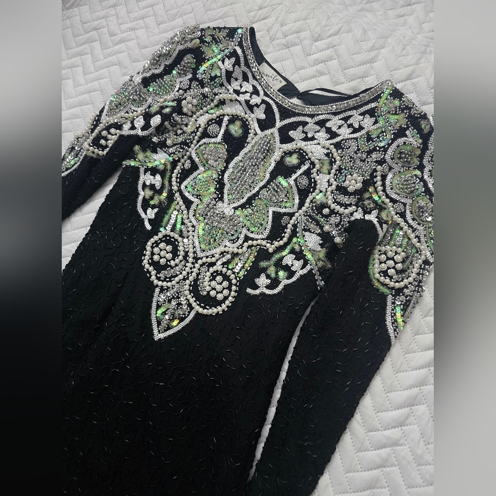 Vingage Elegant Black and Green Sequin Pearl Embellished Dress Silk India - Picture 4 of 10